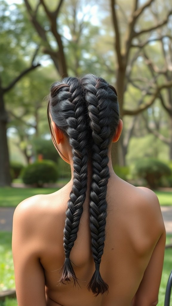A person with side-swept knotless braids in a natural setting.