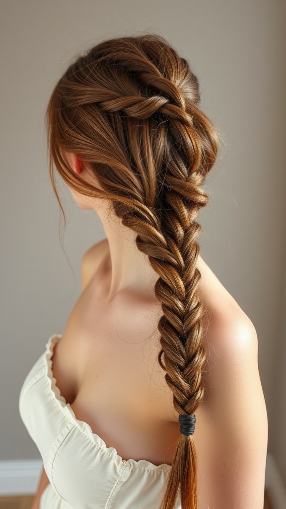 A side-swept honey brown braid showcasing a thick and elegant style.