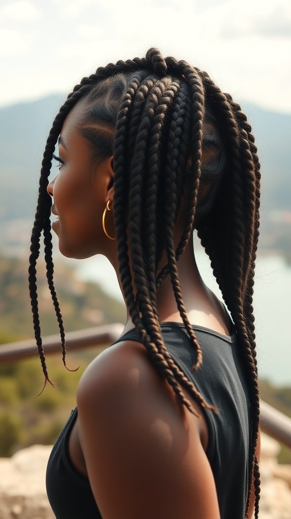 A woman with side-swept jumbo knotless box braids, showcasing a stylish hairstyle against a scenic backdrop.