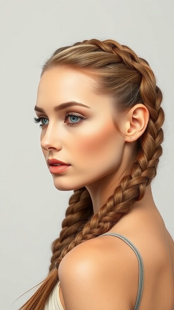 A woman with side-swept knotless braids, showcasing a stylish hairstyle.
