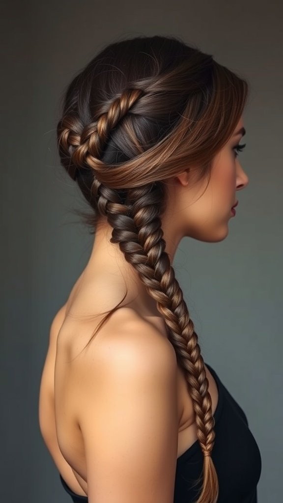 A woman with side-swept knotless braids, showcasing a stylish hairstyle with a smooth texture and color gradient.