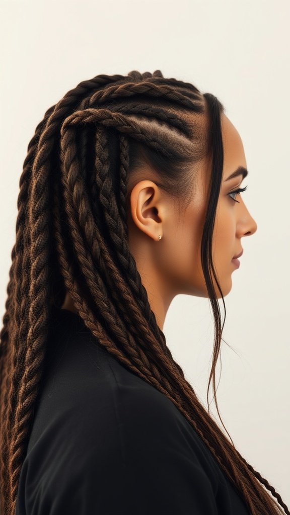 A woman with long, side-swept knotless braids styled elegantly.
