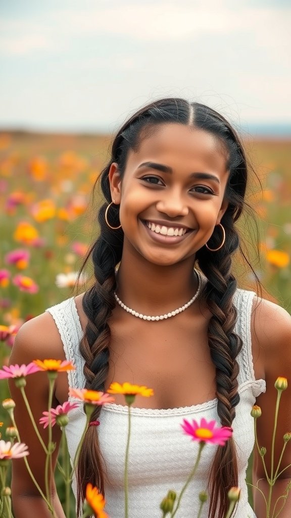 A smiling person with side-swept knotless braids in a field of flowers.