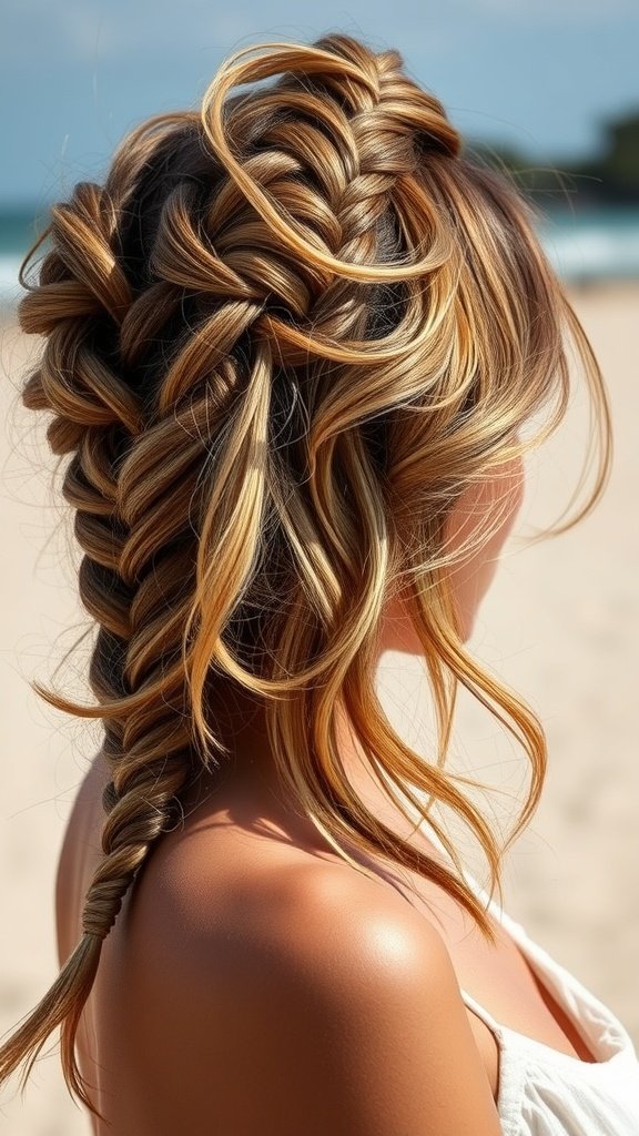 A woman with side-swept knotless braids and loose curls, showcasing a stylish beach look.