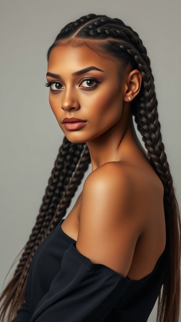 A woman with side-swept large knotless braids, showcasing a stylish and elegant look.