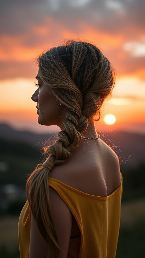 A woman with side-swept lemonade braids, standing against a sunset backdrop.