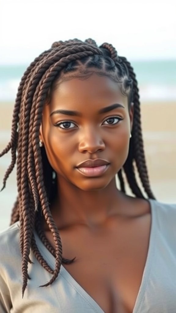 A woman with side-swept medium knotless box braids, showcasing a stylish and relaxed look.