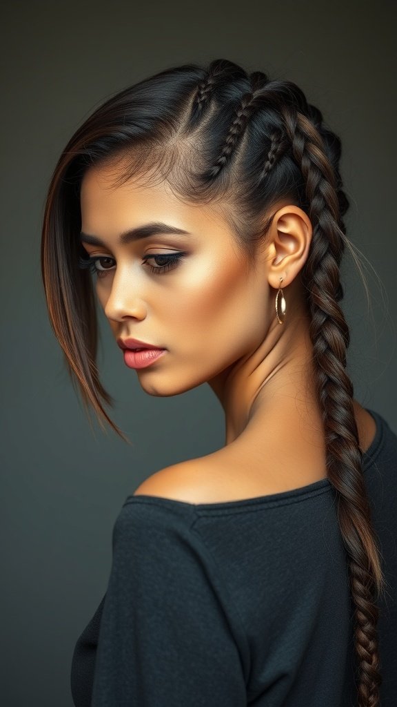 A woman with side-swept medium knotless braids, showcasing a stylish and modern hairstyle.