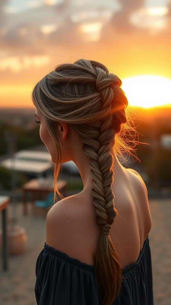 A woman with medium knotless braids styled in a side-swept manner, set against a sunset backdrop.