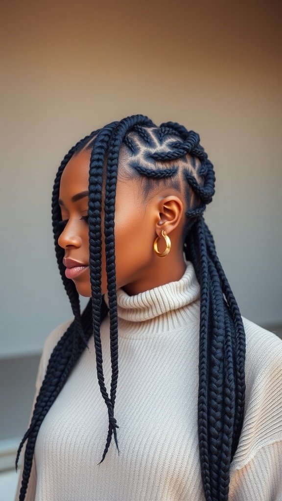 A woman with large knotless box braids styled in a side part, wearing a light sweater and gold earrings.