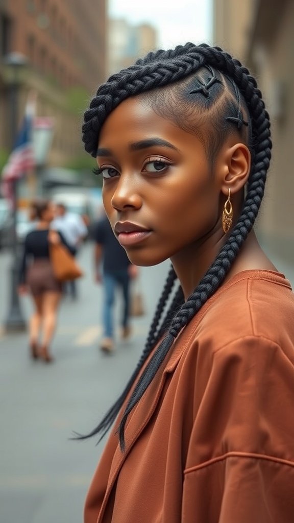 A young woman with side parted medium knotless box braids, wearing earrings and a stylish outfit, walking in an urban setting.