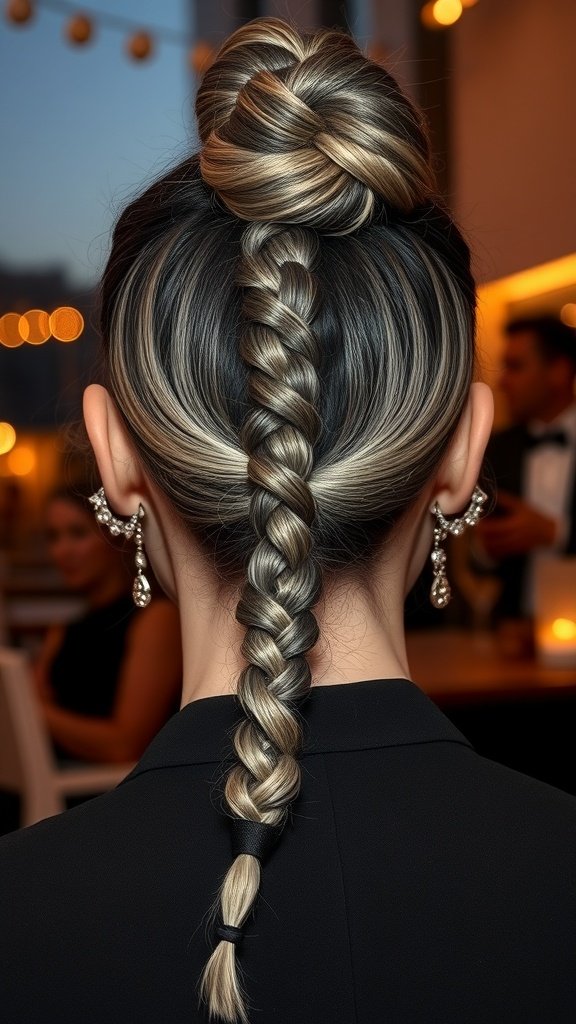 A close-up view of a person with silver and black knotless braids styled elegantly.