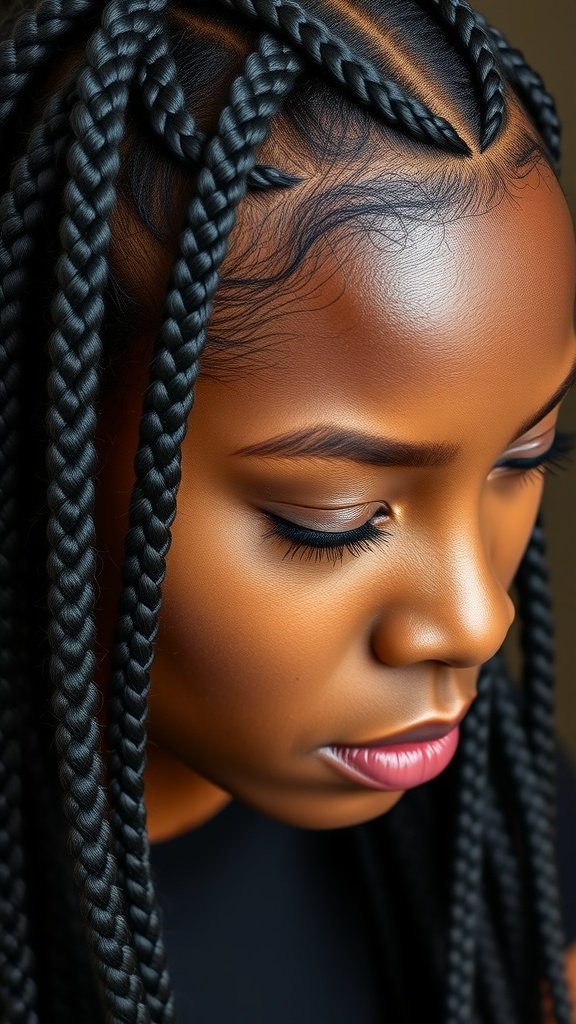 Close-up of a person with sleek and shiny medium knotless box braids.