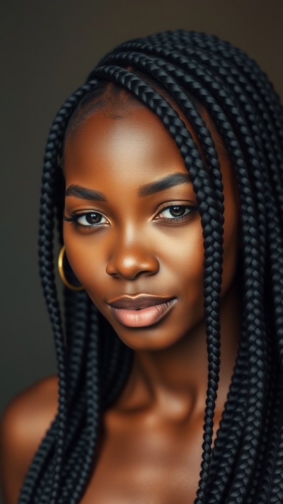 A close-up of a person with sleek and shiny knotless box braids, showcasing the neatness and glossy finish of the hairstyle.
