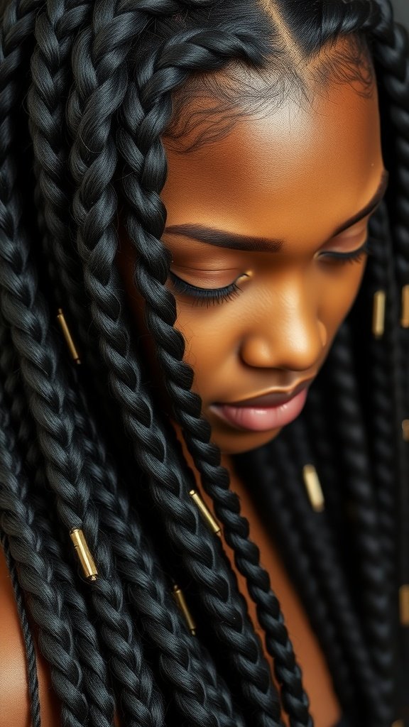 Close-up of a person with sleek and shiny knotless braids adorned with gold accessories.