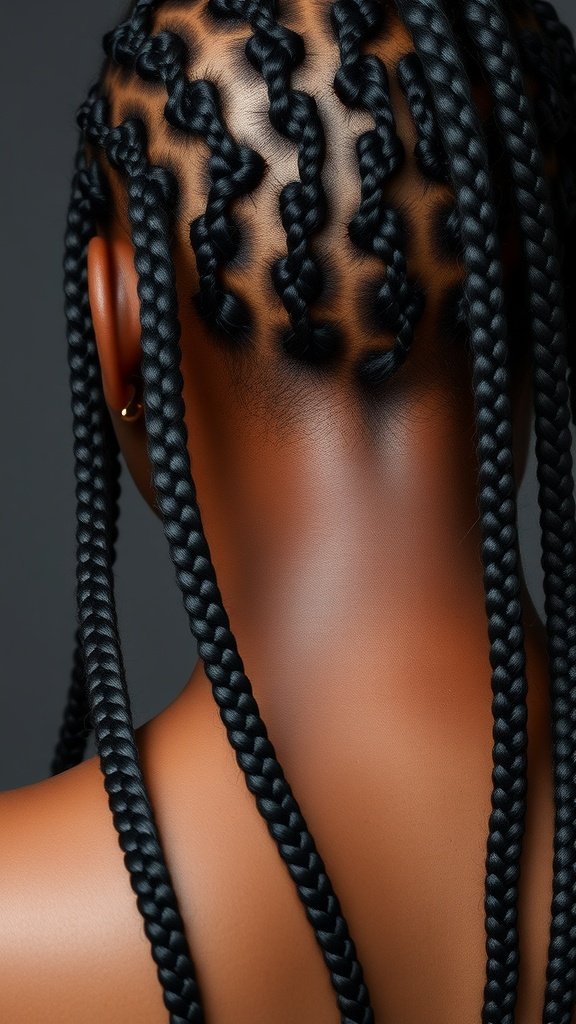 Close-up of sleek knotless box braids on a model's head, showcasing the neat and polished style.