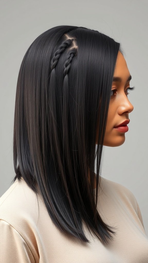 A woman with a sleek straight knotless bob hairstyle featuring two small braids on the side.
