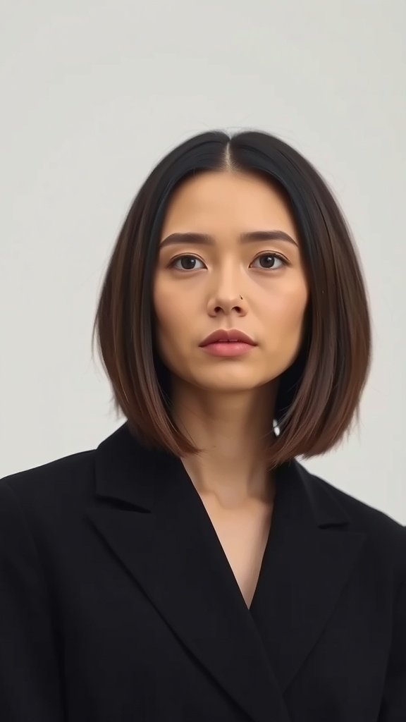 A woman with a sleek straight knotless bob hairstyle, wearing a black blazer.