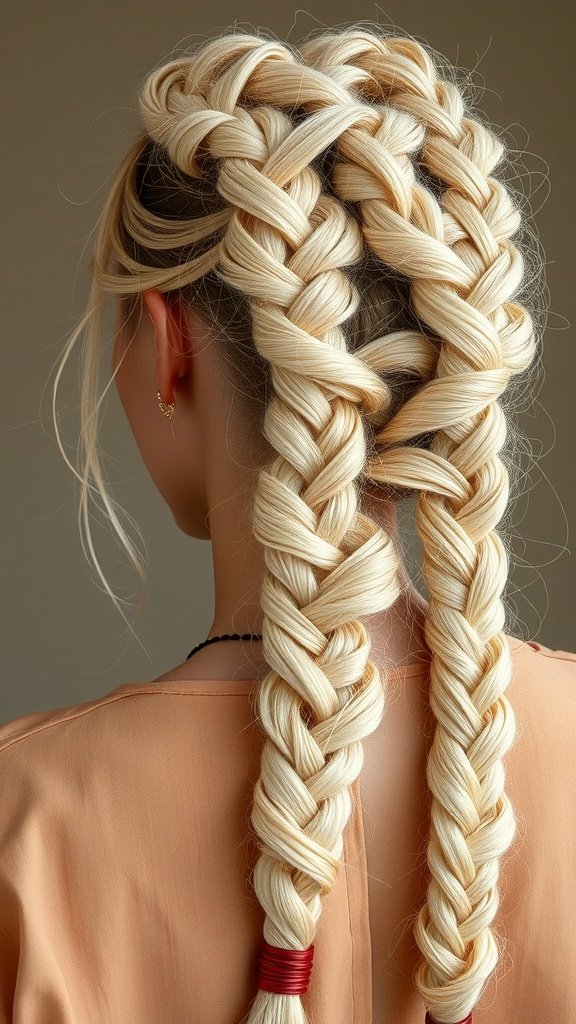 Two thick soft cream braids styled elegantly