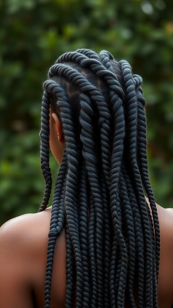 A close-up view of spiral medium knotless box braids, showcasing their unique twist pattern and length.