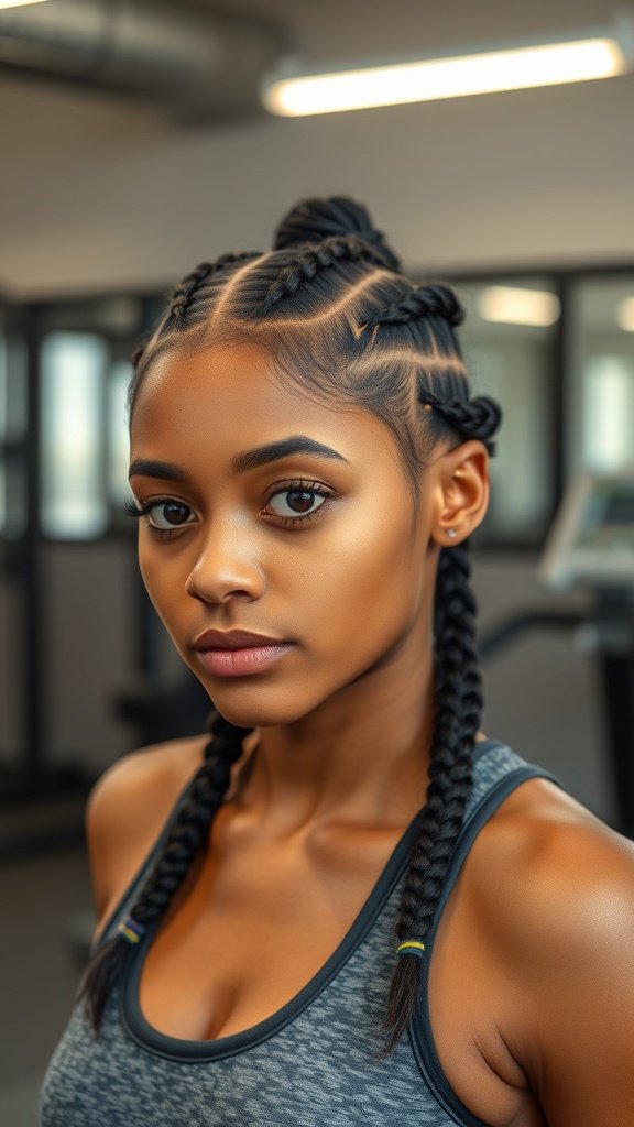 A woman with sporty knotless braids featuring curly tips, showcasing a stylish and practical hairstyle.