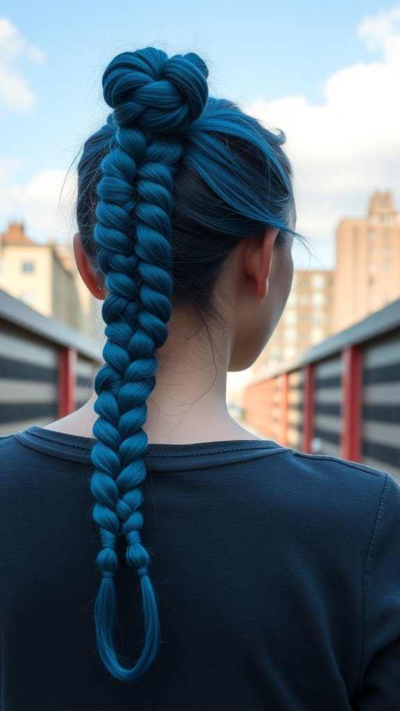 A person with steel blue knotless braids styled in a top knot and a long braid.