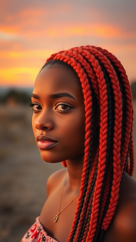 A young woman with sunset-inspired knotless braids in red and black, set against a beautiful sunset backdrop.