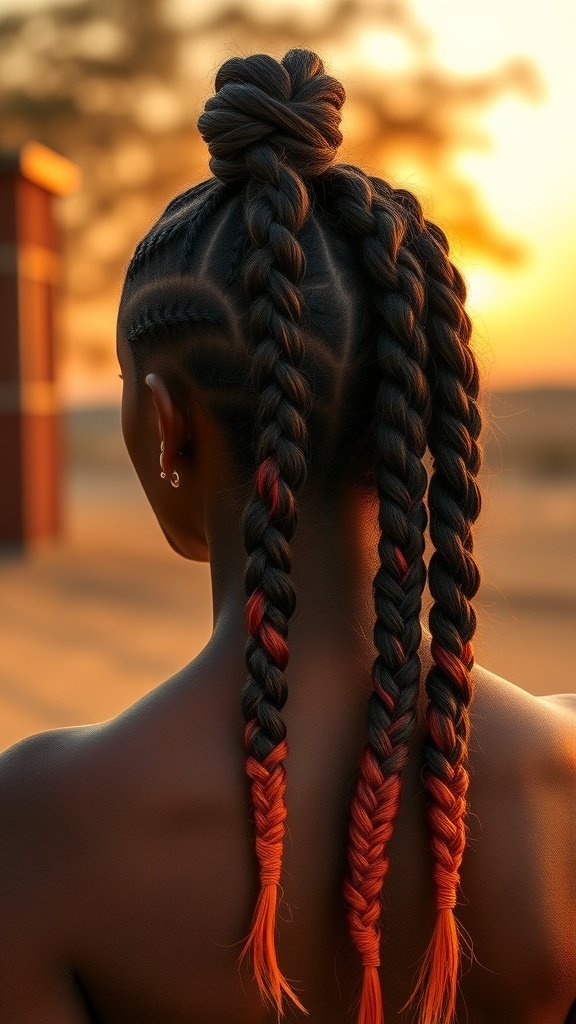 A person with sunset ombre knotless braids, showcasing vibrant colors of orange and red blended into black hair.