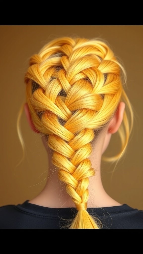 A close-up view of a person's back with sunshine yellow knotless braids styled in an intricate pattern.
