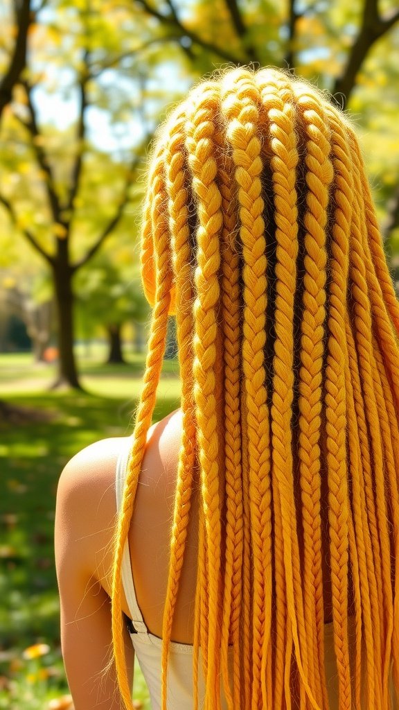 A person with long sunshine yellow knotless braids, standing in a park with trees in the background.