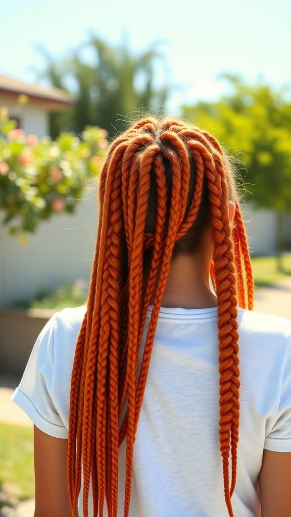 A person with tangerine knotless braids, showcasing vibrant orange hair in a sunny outdoor setting.