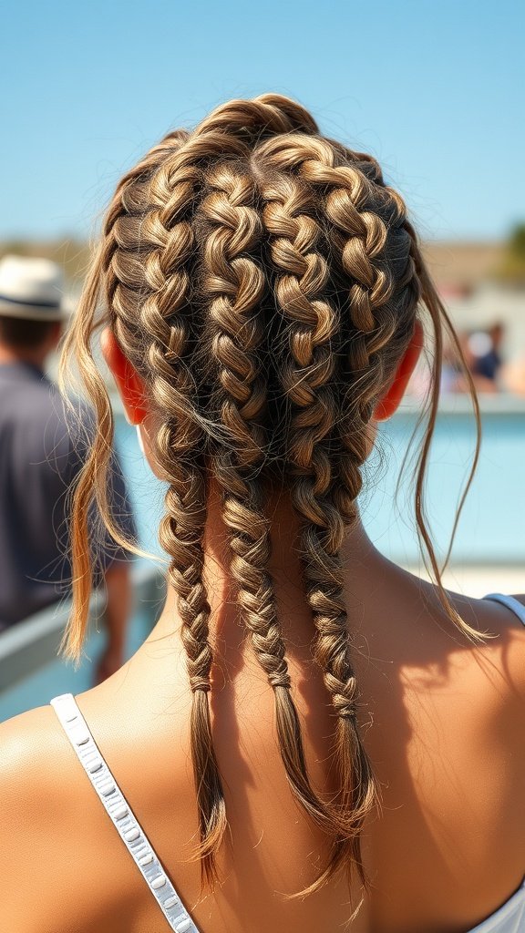A close-up view of a woman's back showing textured braids with loose ends, styled in a casual, boho fashion.