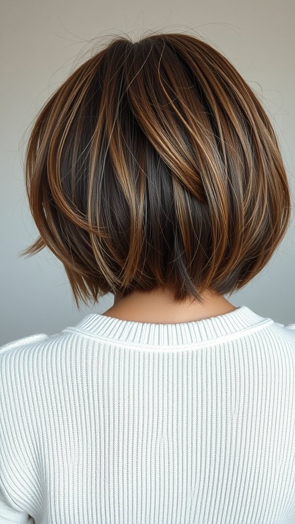 A back view of a textured knotless bob hairstyle with highlights.
