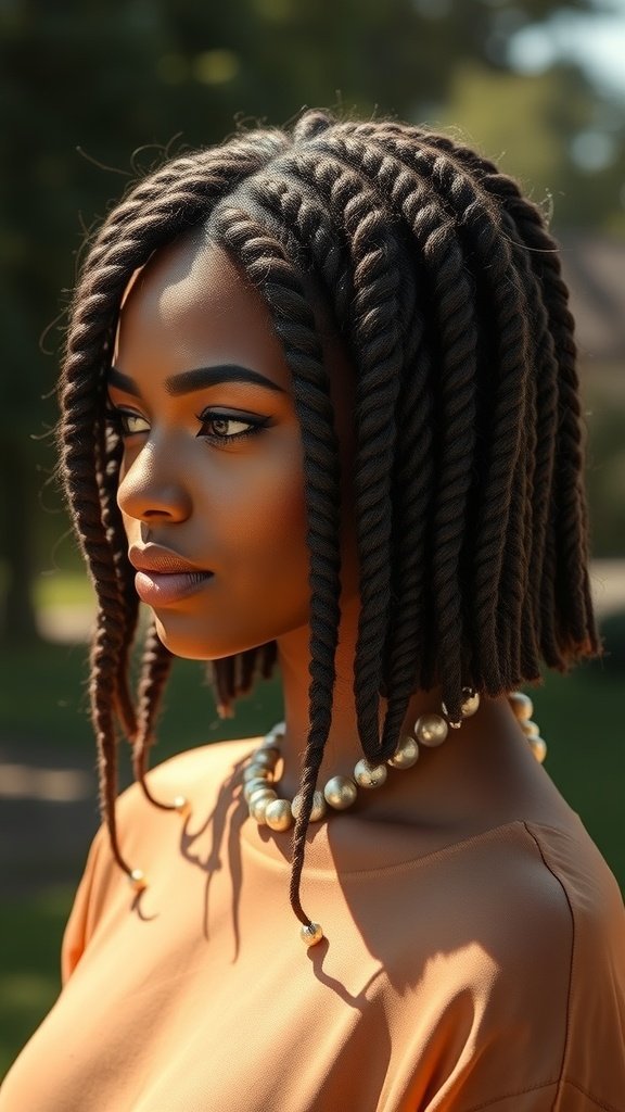 A woman with a textured knotless bob hairstyle adorned with beads, showcasing a chic and elegant look.