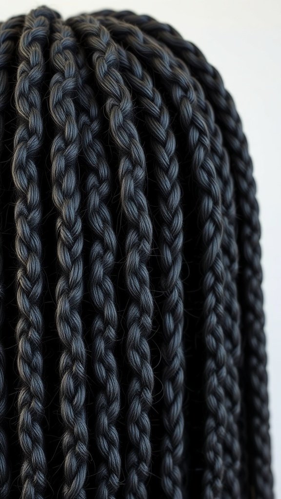 Close-up of textured knotless box braids in black