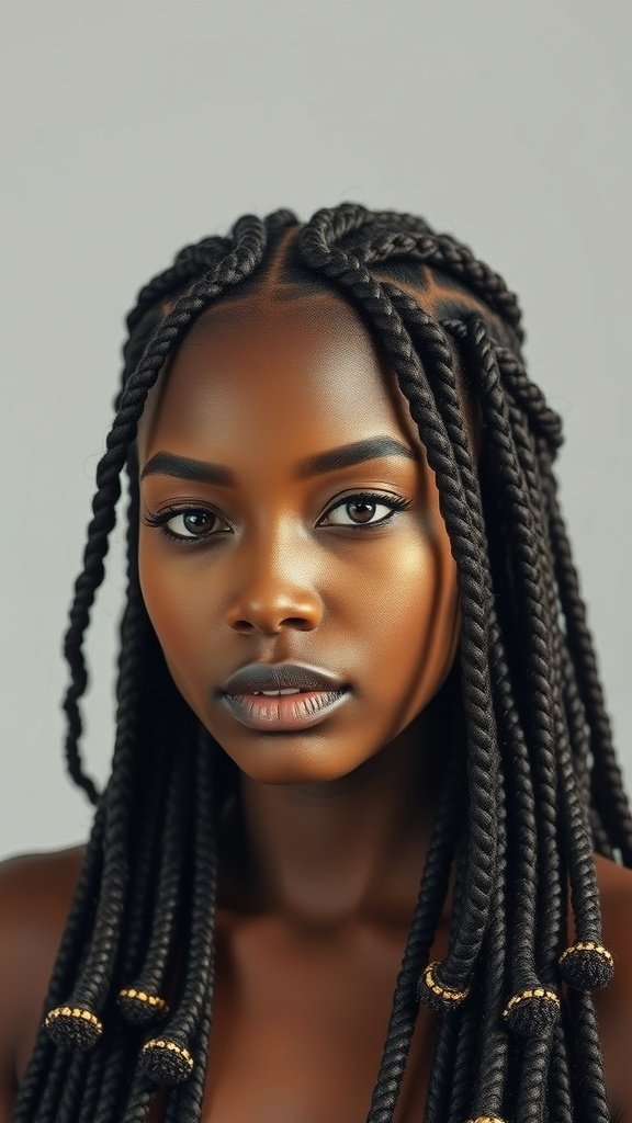 A close-up of a person with textured knotless braids that have defined curls at the ends.