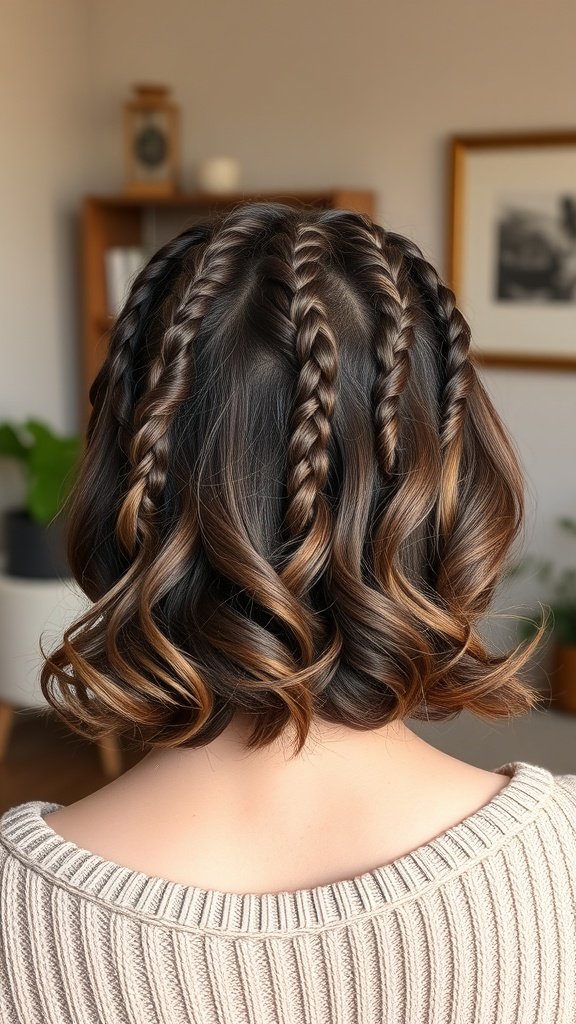 A close-up view of textured knotless braids with loose waves, showcasing a stylish hairstyle.
