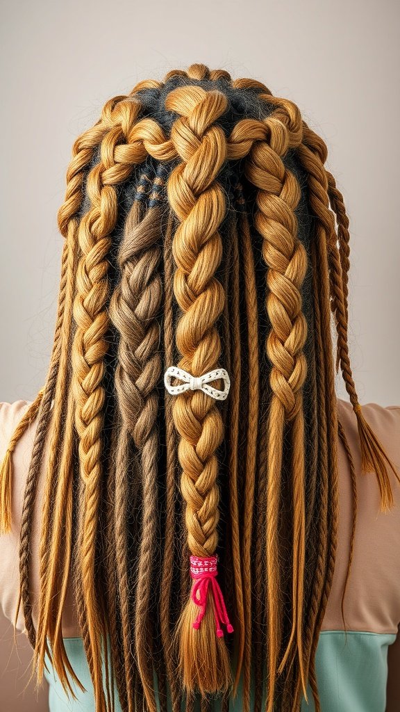 A close-up view of thick knotless braids featuring colorful accessories like bows and ties.