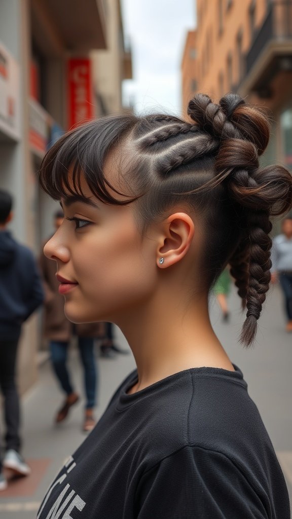 A woman with trendy knotless braids and curly bangs, showcasing a stylish hairstyle.