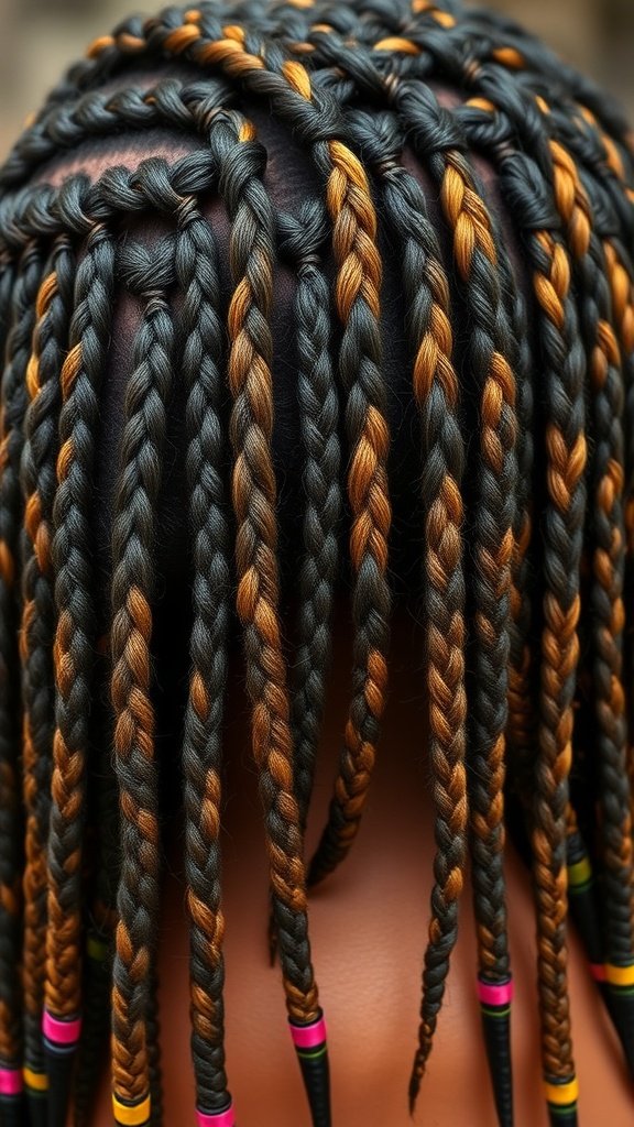 Close-up of tribal knotless braids with black and ombre colors, featuring colorful beads.
