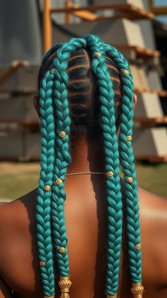 A close-up view of turquoise knotless braids adorned with gold beads.