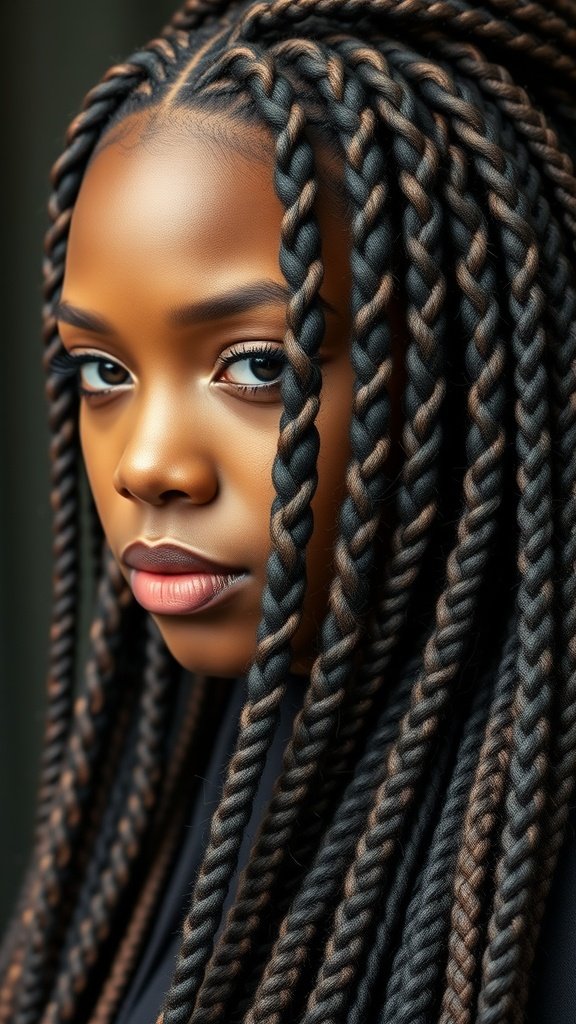 Close-up of a person with twisted jumbo knotless box braids, showcasing a blend of colors and neat styling.