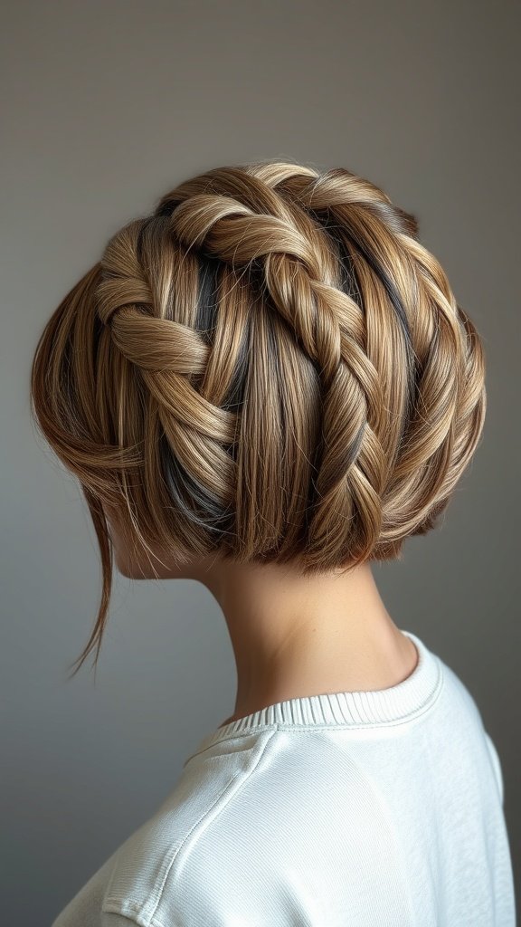 A stylish twisted knotless bob hairstyle featuring intricate braids and a blend of colors.