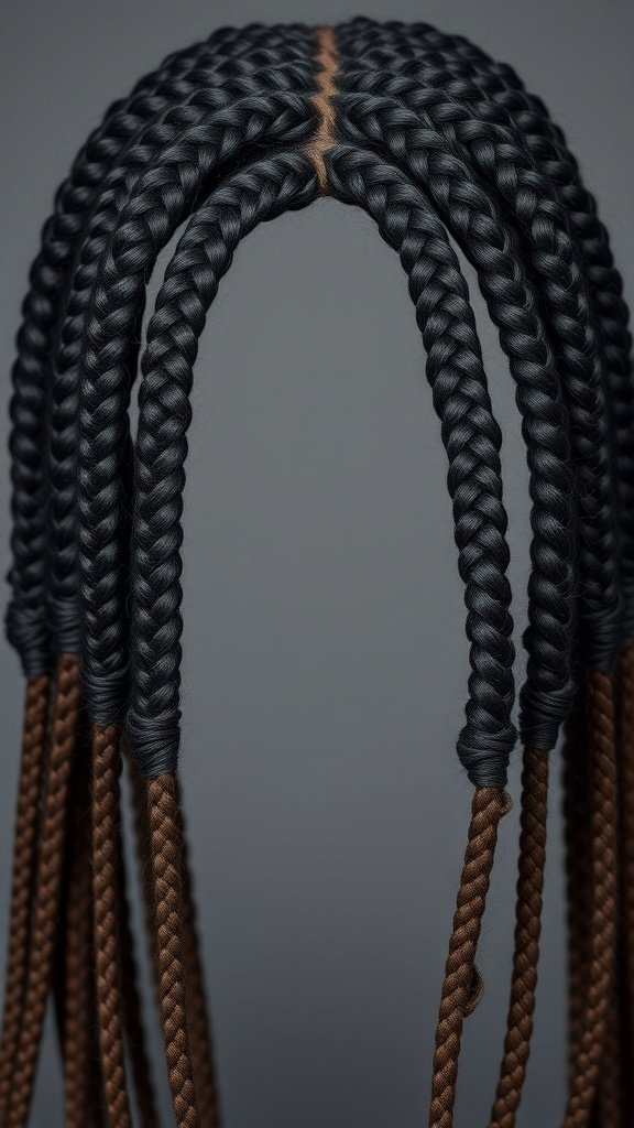 A close-up of medium twisted knotless box braids in dark and light colors.