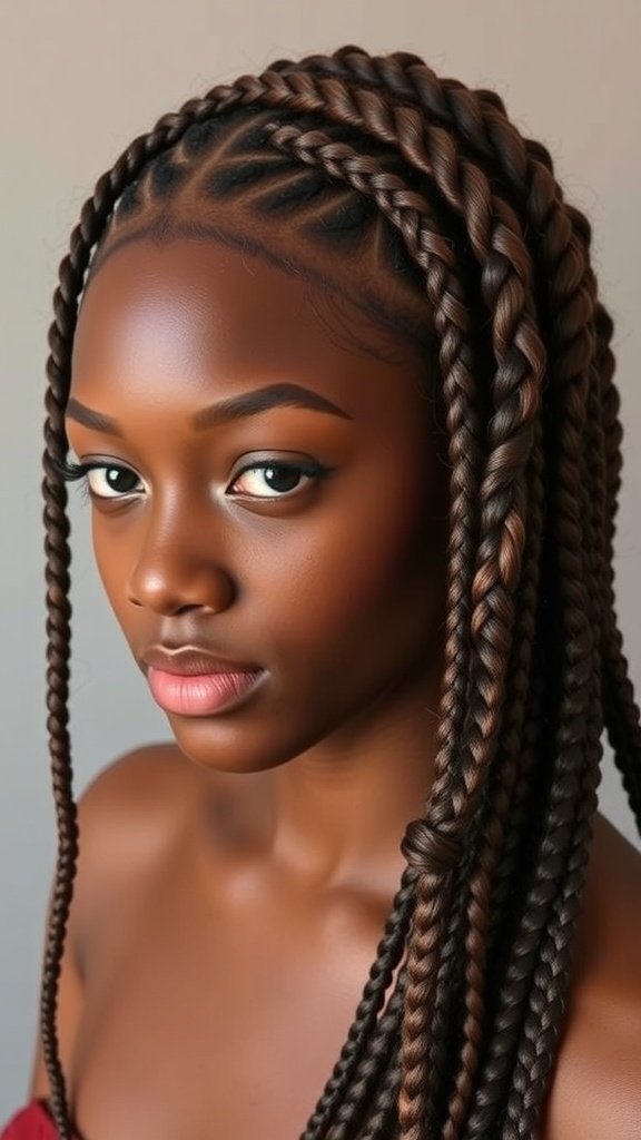 A close-up of a person with twisted knotless braids, showcasing the intricate style and texture.