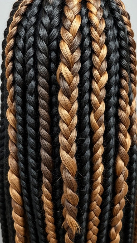 Twisted knotless braids with an ombre effect in black and warm tones.