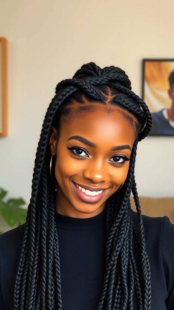 A woman with twisted medium knotless box braids, smiling and showcasing her hairstyle.