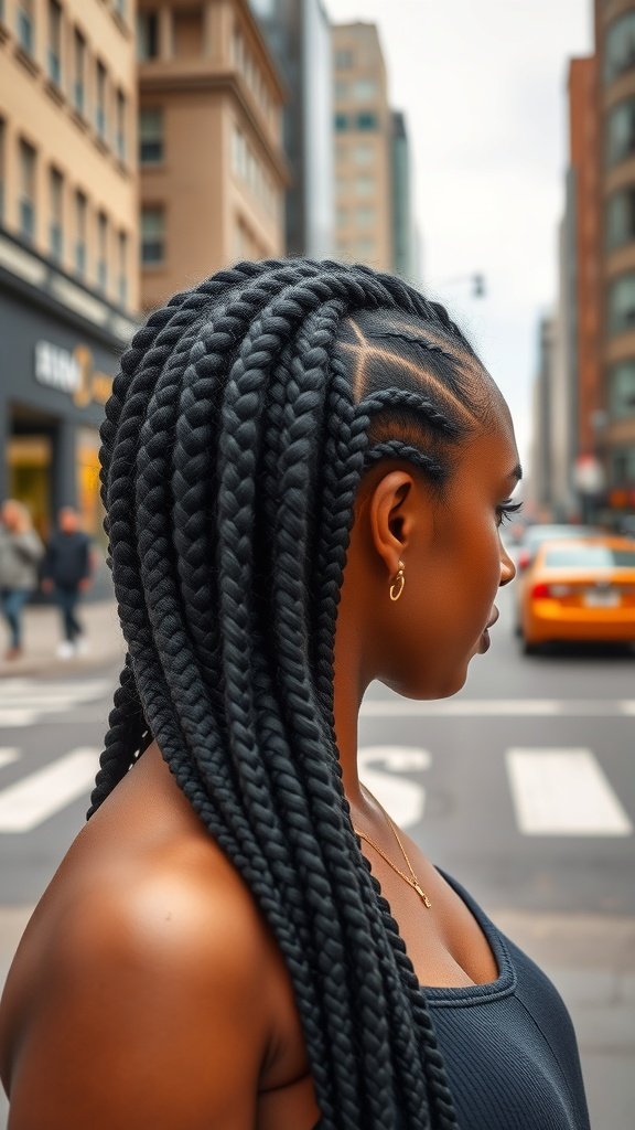 A woman with twisted medium knotless box braids walking in the city.