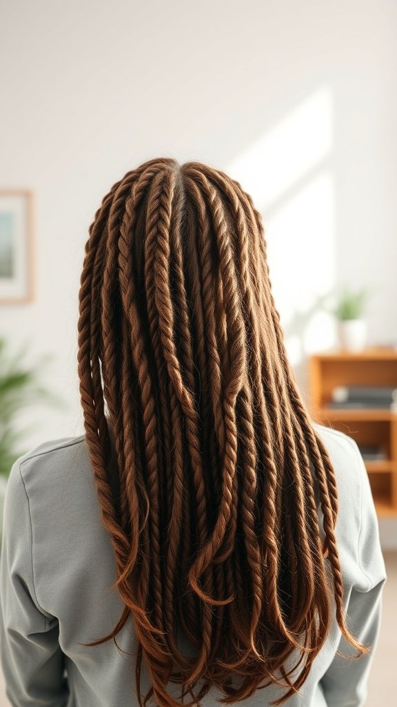 A person with twisted medium knotless braids and curls, showcasing a stylish hairstyle.