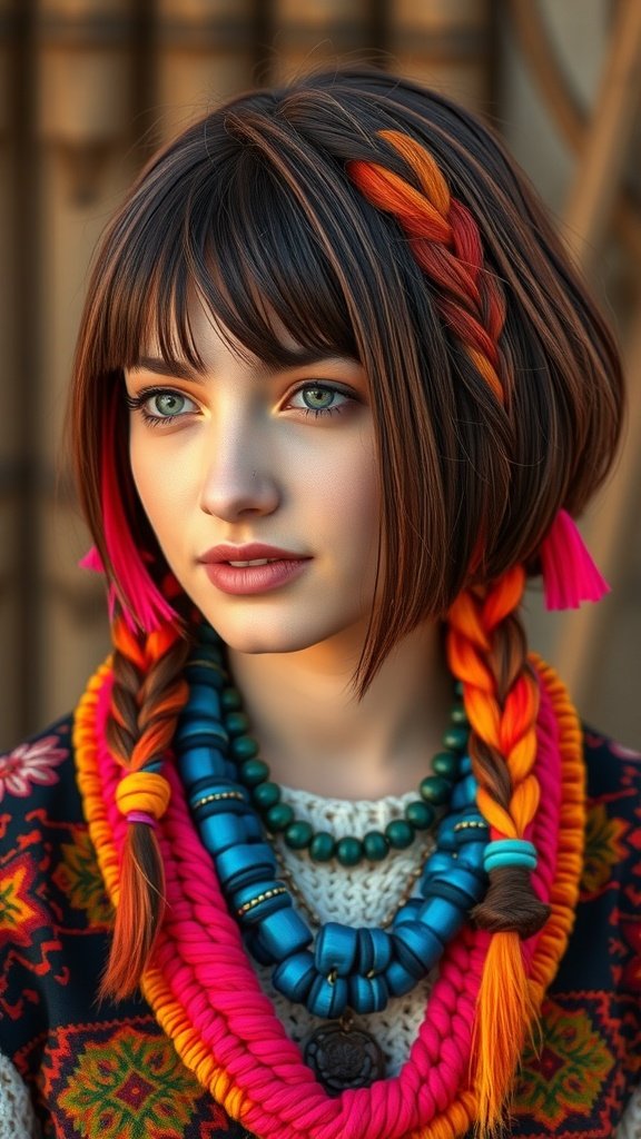 A young woman with a vibrant bob hairstyle featuring colorful braids, wearing bold jewelry.